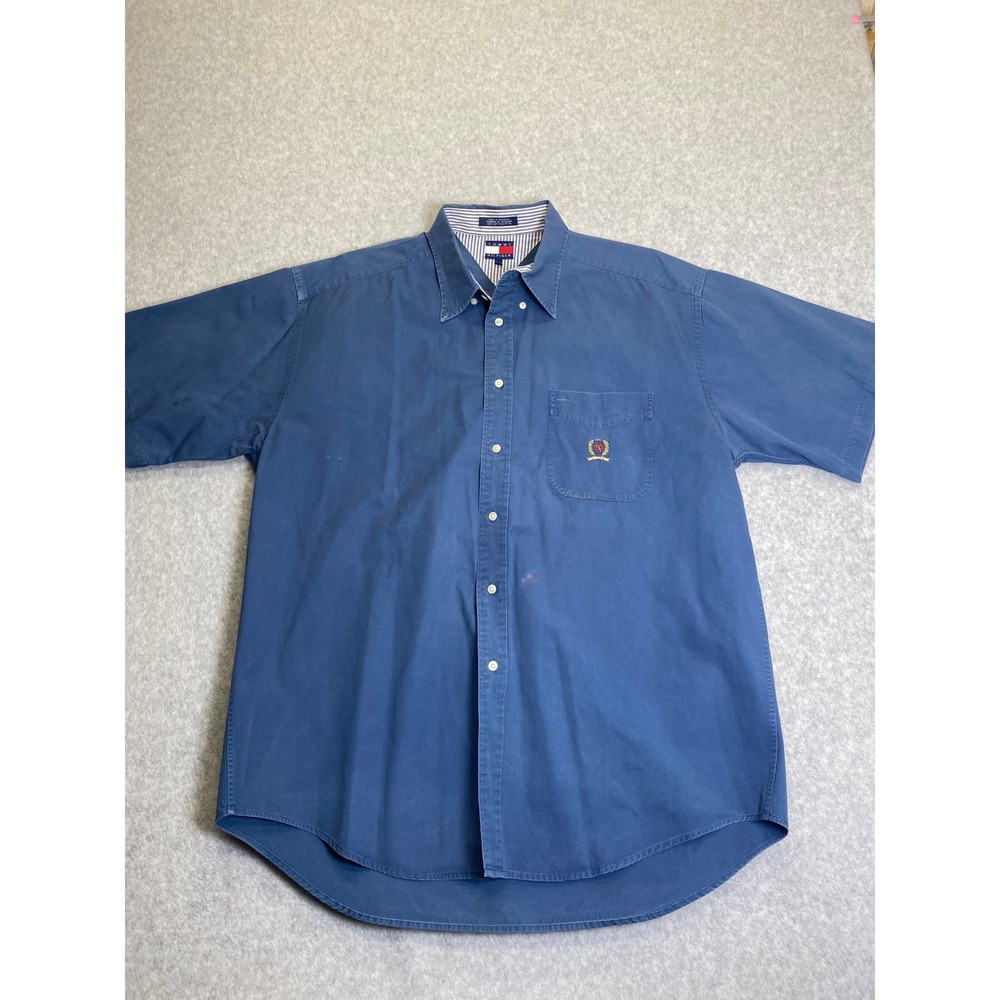 Tommy Hilfiger Mens XL Blue Short Sleeve Button Down Crest Logo Shirt